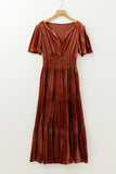 Velvet Short Sleeve Shirred Waist Tiered Maxi Dress