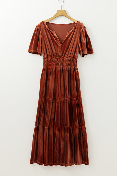 Velvet Short Sleeve Shirred Waist Tiered Maxi Dress