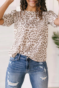 Textured Leopard Print Ruched Sleeve T Shirt