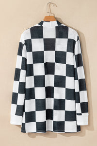 Checkered Waffle Knit Thumbhole Open Front Cardigan