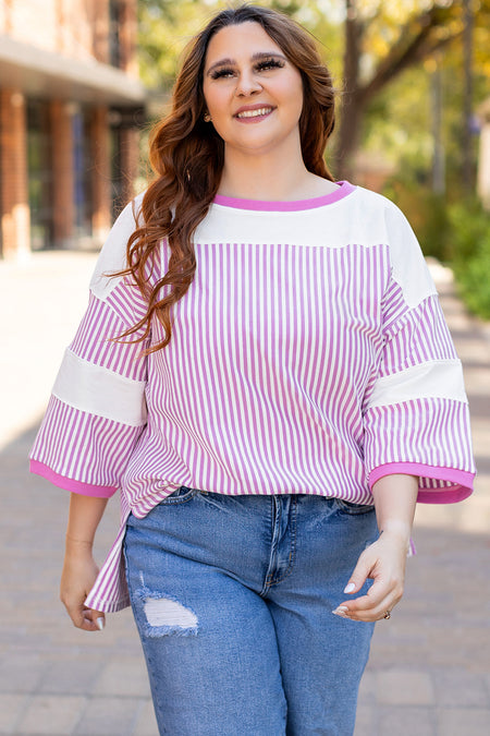 Stripe Patchwork Bracelet Sleeve Plus Size T Shirt