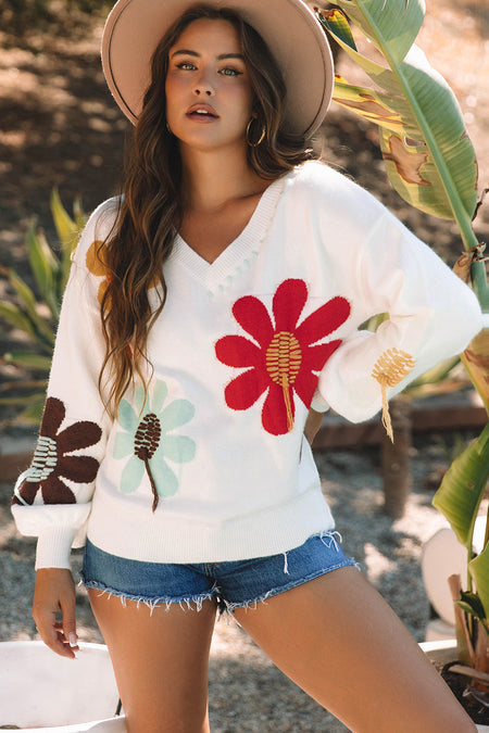 Flower Pattern V Neck Drop Shoulder Sweater