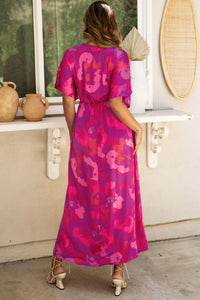 Abstract Floral Print V Neck Dolman Maxi Dress