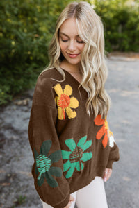 Flower Pattern V Neck Drop Shoulder Sweater