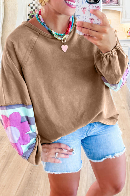 Flower Patchwork Raglan Sleeve Exposed Seam Oversized Top