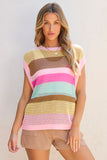 Pink Stripe Crochet Cap Sleeve Loose Fit Sweater T Shirt