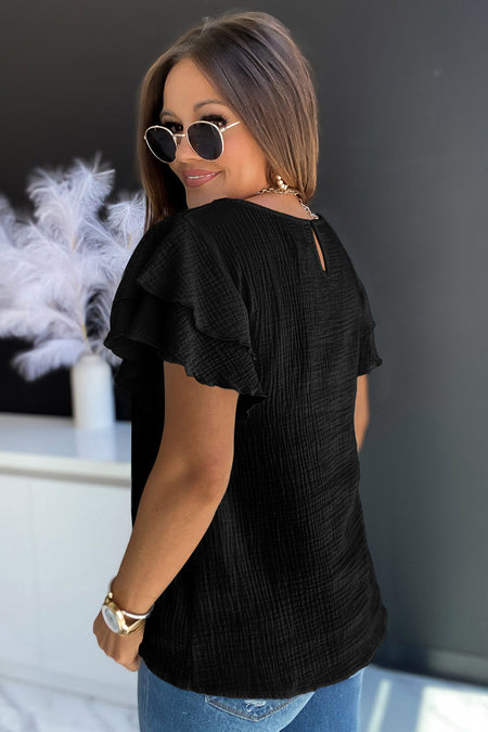 Textured Tiered Ruffled Short Sleeve Blouse