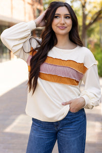 Corded Exposed Seam Knit Patchwork Drop Sleeve Top