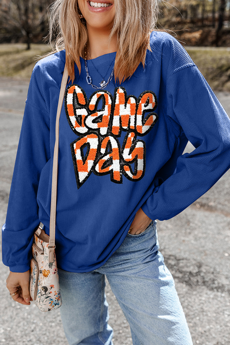 Chenille Checkered Game Day Graphic Drop Shoulder Corded Sweatshirt