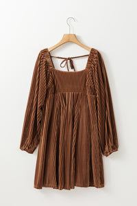 Pale Chestnut Long Sleeve Tiered Ribbed Velvet Dress