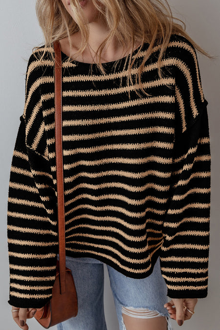 Stripe Drop Shoulder Round Neck Loose Sweater