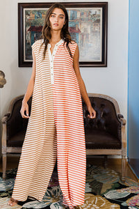 Stripe Oversized Buttoned Front Sleeveless Wide Leg Jumpsuit