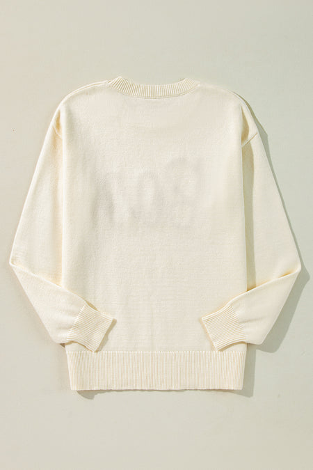 Boo Knitted Pattern Ribbed Edge Drop Shoulder Sweater