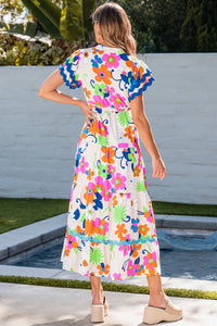 Ricrac Trim Flutter Sleeve Buttoned Floral Maxi Dress