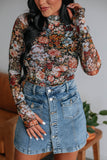 Floral Long Sleeve High Neck Sheath Mesh Blouse