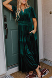 Velvet Short Sleeve Shirred Waist Tiered Maxi Dress