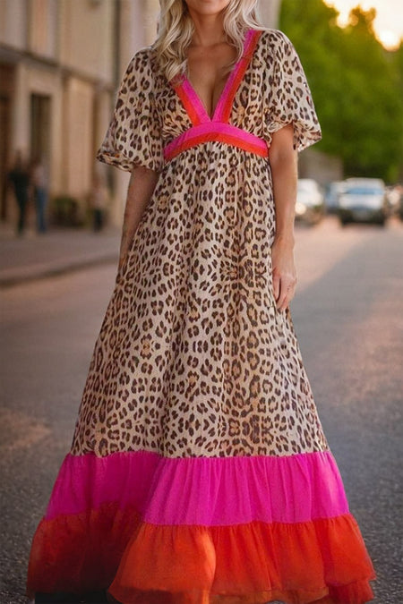 Leopard Colorblock Patchwork Bubble Sleeve Maxi Dress