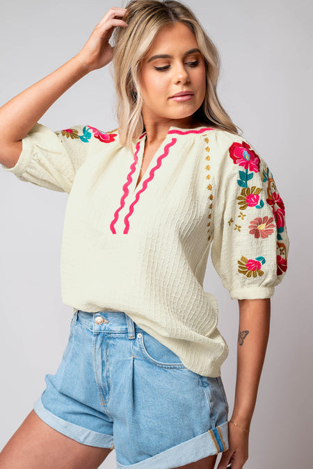 Floral Embroidered Ricrac Puff Sleeve Textured Blouse