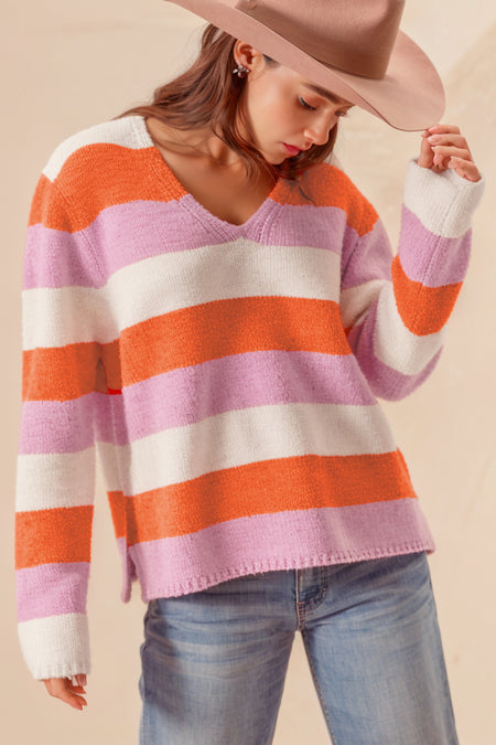 Colorblock V Neck Casual Sweater