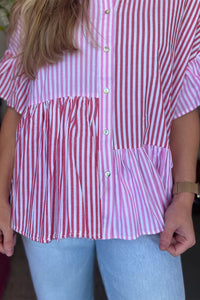 Striped Patchwork Ruffled Hem Button up Shirt