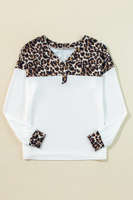 Leopard Waffle Knit Patchwork Button V Neck Top