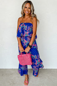 Mix Tropical Print Strapless Ruffled Jumpsuit