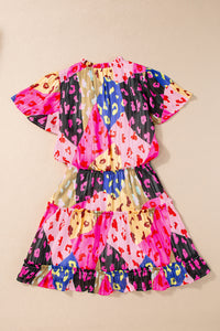Leopard Print Short Sleeve Tiered Ruffle Mini Dress