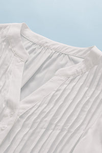 White V Neck Pleated Front Ruffled Sleeve Shirt