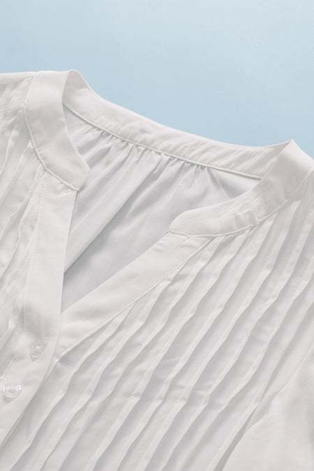 White V Neck Pleated Front Ruffled Sleeve Shirt