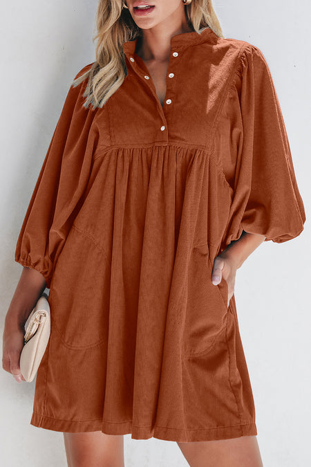 Corduroy Snap Buttons Empire Waist Bracelet Sleeve Dress