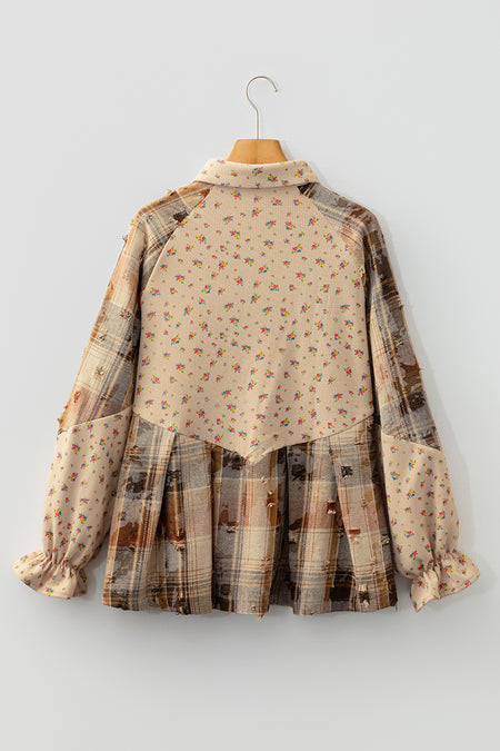 Floral Plaid Patchwork Waffle Knit Shacket