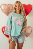 Plaid Floral Peace Heart Graphic Wide Long Sleeve Top