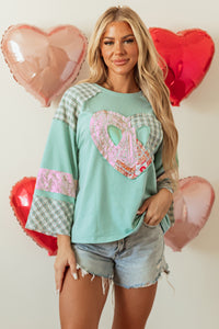 Plaid Floral Peace Heart Graphic Wide Long Sleeve Top