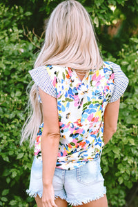 Floral Print Striped Ruffled Sleeve Blouse