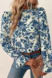 Floral Print Flounce Sleeve Keyhole Back Blouse