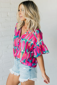 Abstract Brushwork Print Buttoned V Neck Blouse