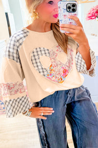 Plaid Floral Peace Heart Graphic Wide Long Sleeve Top