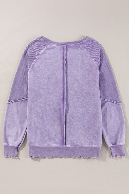 Solid Waffle Knit Patchwork Raglan Sleeve Sweatshirt