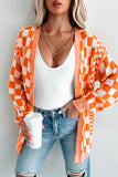 Orange Checkered Open Front Drop Shoulder Cardigan