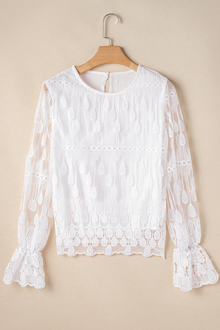 Embroidered Mesh Flounce Sleeve Blouse