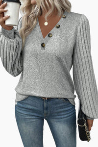 Black Buttoned V Neck Ribbed Puff Sleeve Top