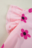 Pink Pinstripe Floral Print Ruffled Flutter Sleeve Blouse