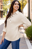 Waffle Long Sleeve Collar Half Button Loose Top