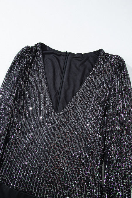 Black Sequin V Neck Zipped Long Sleeve Bodysuit