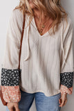 Floral Patchwork Textured Knit Drawstring V Neck Blouse