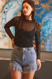 Rhinestone Sheer Mesh Slim Fit Long Sleeve Top