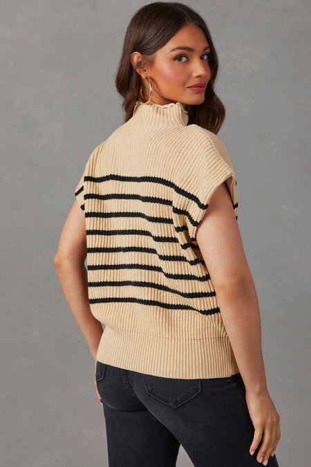 Striped Ribbed Knit High Neck Sweater