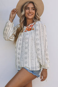 Long Sleeve Embroidered Print Blouse