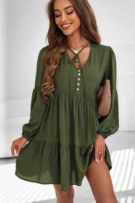 Lace Puff Sleeve Buttoned Tiered Ruffled Mini Dress