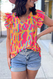 Abstract Print V Neck Ruffled Sleeve Blouse